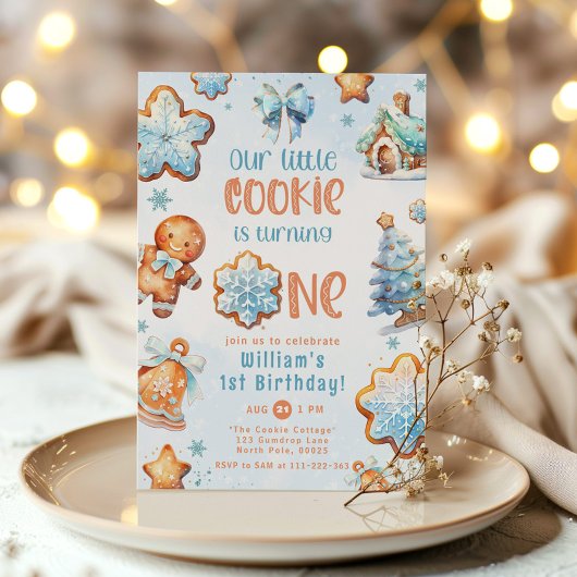 Kleine Cookie Blauwe jongen 1e verjaardag Kerstmis Kaart