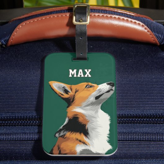 Kleine Corgi op Groene Achtergrond Bagagelabel (Voorkant Insitu 2)