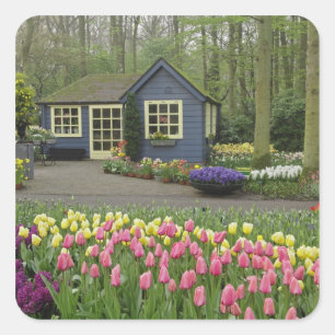 Kleine cottage bloemenwinkel, Keukenhof Tuinen, Vierkante Sticker