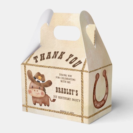 Kleine cowboy-baby 1e rodeo-verjaardagsfeest bedankdoosjes (Voorkant Zijde)