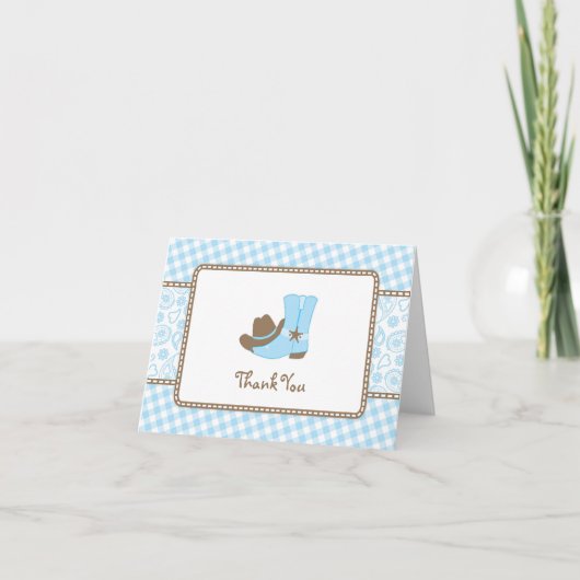 Kleine Cowboy Baby shower Bedankt blauw en bruin (Voorkant)