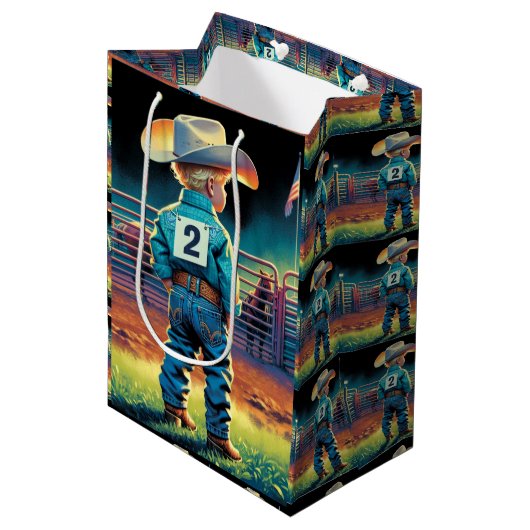 Kleine cowboy bij Rodeo Fence Amerikaanse vlag paa Medium Cadeauzakje (Voorkant Gekanteld)