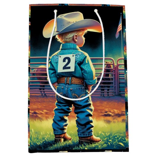 Kleine cowboy bij Rodeo Fence Amerikaanse vlag paa Medium Cadeauzakje (Voorkant)