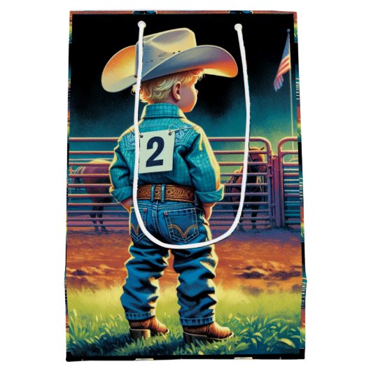 Kleine cowboy bij Rodeo Fence Amerikaanse vlag paa Medium Cadeauzakje (Achterkant)