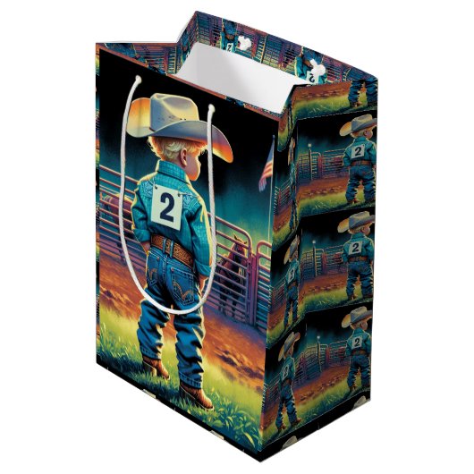 Kleine cowboy bij Rodeo Fence Amerikaanse vlag paa Medium Cadeauzakje (Achterkant Gekanteld)