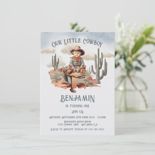 Kleine Cowboy Eerste Verjaardagsfeestje Kaart (Staand voorkant)