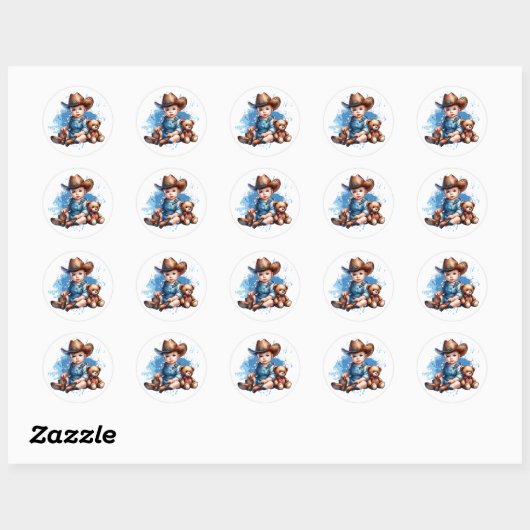 Kleine cowboy en teddybeer Baby shower Ronde Sticker (Vel)