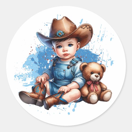 Kleine cowboy en teddybeer Baby shower Ronde Sticker (Voorkant)