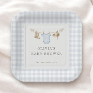 Kleine Cowboy Gingham Blauwe Jongens Baby Shower F Papieren Bordje