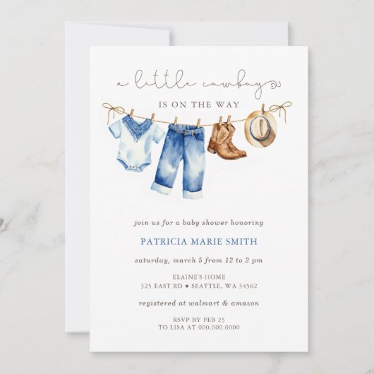 Kleine Cowboy Is Onderweg Jongens Baby Shower Kaart (Voorkant)