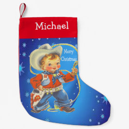 Kleine cowboy met een prettige kerst met een paus kleine kerstsok