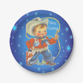 Kleine cowboy met een prettige kerst met een paus papieren bordje