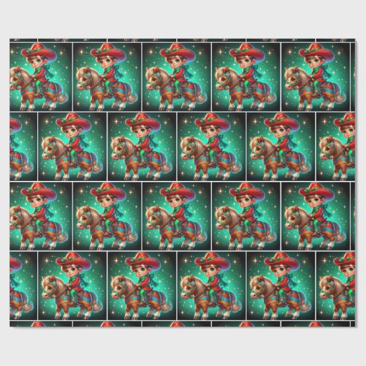 Kleine cowboy met kerstkostuum op paard cadeaupapier (Vlak)