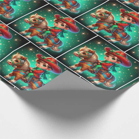 Kleine cowboy met kerstkostuum op paard cadeaupapier (Hoek)