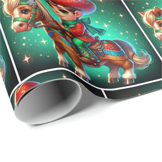 Kleine cowboy met kerstkostuum op paard cadeaupapier (Rol Hoek)