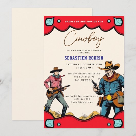 Kleine Cowboy Modern Baby shower Invitation Kaart (Voorkant / Achterkant)