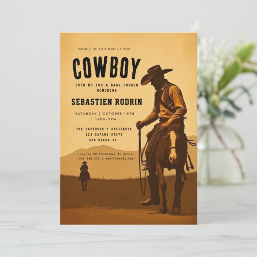 Kleine Cowboy Modern Baby shower Invitation Kaart (Staand voorkant)