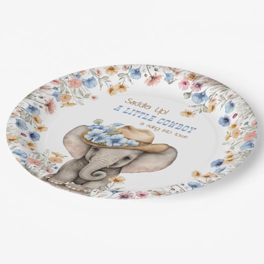 Kleine Cowboy Olifant en Boho Wildflower Papieren Bordje (Gekanteld)