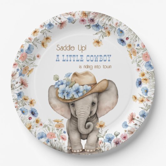 Kleine Cowboy Olifant en Boho Wildflower Papieren Bordje (Voorkant)