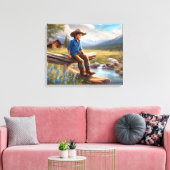 Kleine cowboy op het hek jongen's slaapkamer kunst canvas afdruk (Insitu (Woonkamer))