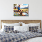 Kleine cowboy op het hek jongen's slaapkamer kunst canvas afdruk (Insitu (Slaapkamer))