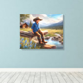 Kleine cowboy op het hek jongen's slaapkamer kunst canvas afdruk (Insitu (Houten vloer))