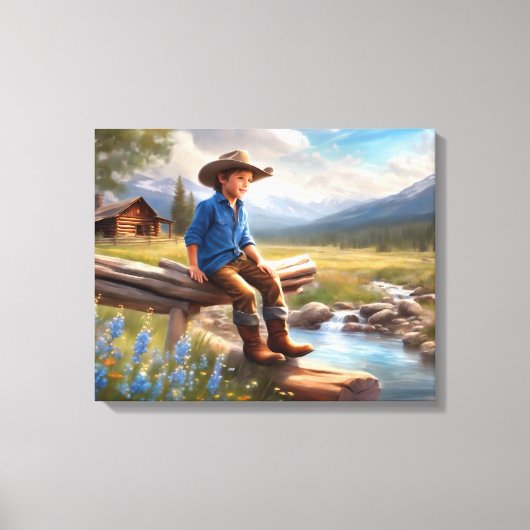 Kleine cowboy op het hek jongen's slaapkamer kunst canvas afdruk (Voorkant)