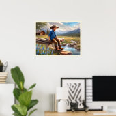 Kleine cowboy op het hek jongen's slaapkamer kunst poster (Thuiskantoor)