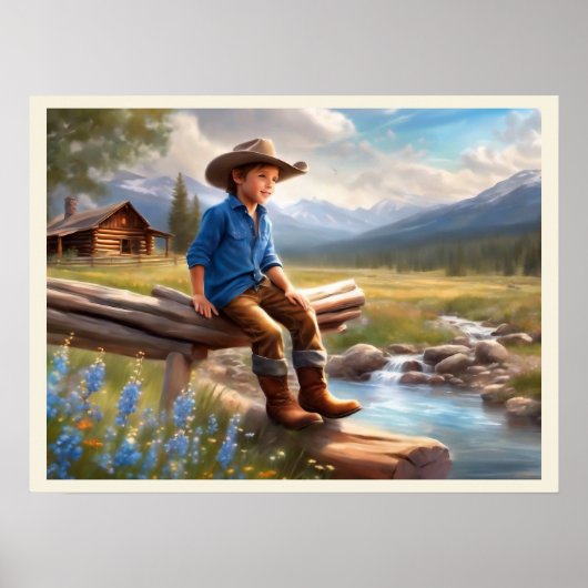 Kleine cowboy op het hek jongen's slaapkamer kunst poster (Voorkant)