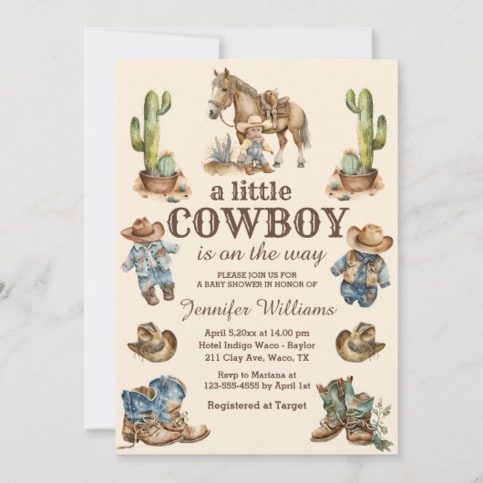 Kleine cowboy op weg naar western baby shower kaart (Voorkant)