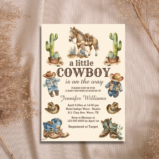 Kleine cowboy op weg naar western baby shower kaart