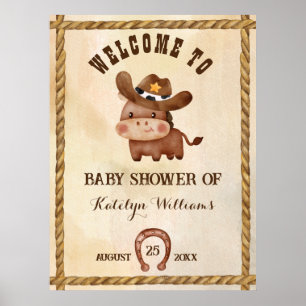 Kleine cowboy schattig baby paard in een pet baby  poster