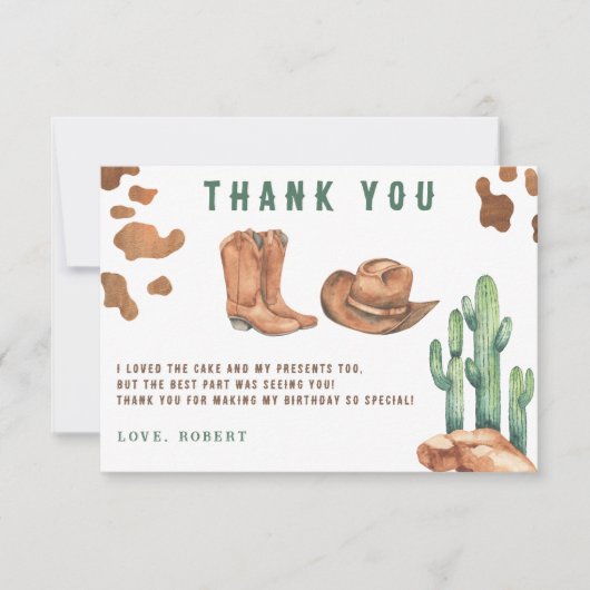 Kleine Cowboy verjaardagsfeestje Dank u Bedankkaart (Voorkant)