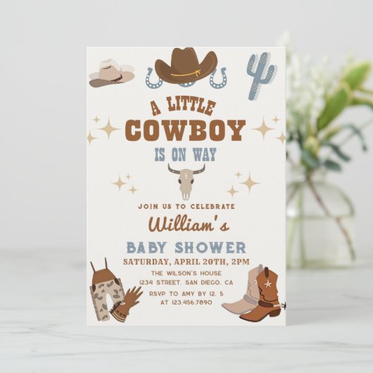Kleine Cowboy Wild West Rodeo Boy Baby shower Kaart (Staand voorkant)