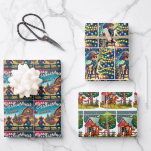 Kleine cowboys wachten op de kerstman en versieren inpakpapier vel