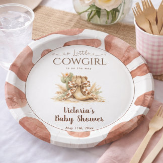 Kleine Cowgirl Landelijke Koehuid Meisje Baby Show Papieren Bordje