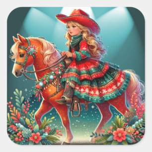 Kleine cowgirl met Kerstmis kostuum op paard Vierkante Sticker