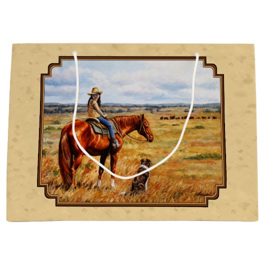 Kleine Cowgirl op Cattle Horse Yellow Groot Cadeauzakje (Voorkant)