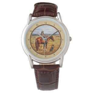 Kleine Cowgirl op Cattle Horse Yellow Horloge
