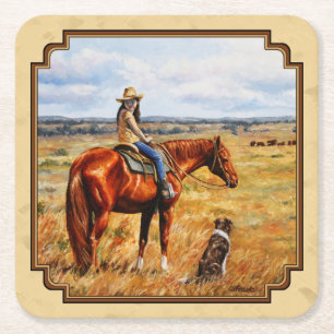 Kleine Cowgirl op Cattle Horse Yellow Kartonnen Onderzetters