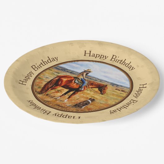 Kleine Cowgirl op Cattle Horse Yellow Papieren Bordje (Gekanteld)