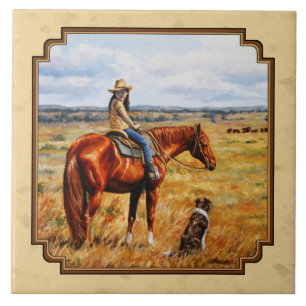 Kleine Cowgirl op Cattle Horse Yellow Tegeltje