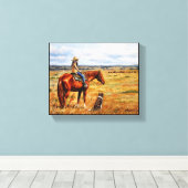 Kleine Cowgirl op veetsenpaard Canvas Afdruk (Insitu (Houten vloer))