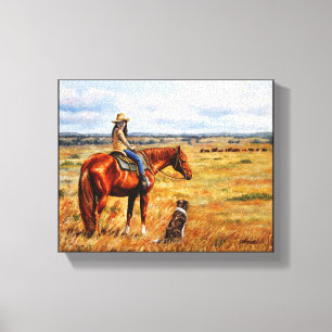 Kleine Cowgirl op veetsenpaard Canvas Afdruk