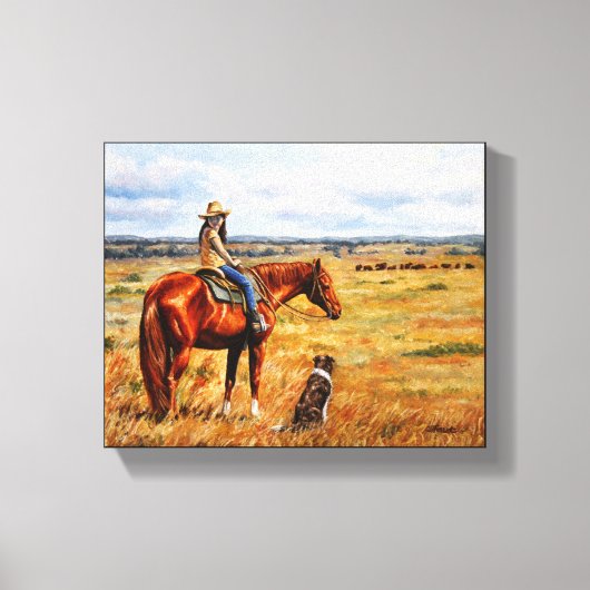 Kleine Cowgirl op veetsenpaard Canvas Afdruk (Voorkant)