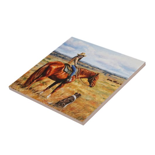 Kleine Cowgirl op veetsenpaard Tegeltje (Zijkant)