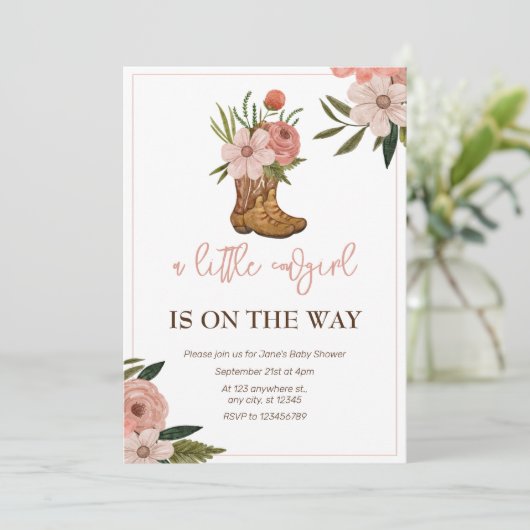 Kleine Cowgirl Op Weg Baby Shower Kaart (Staand voorkant)