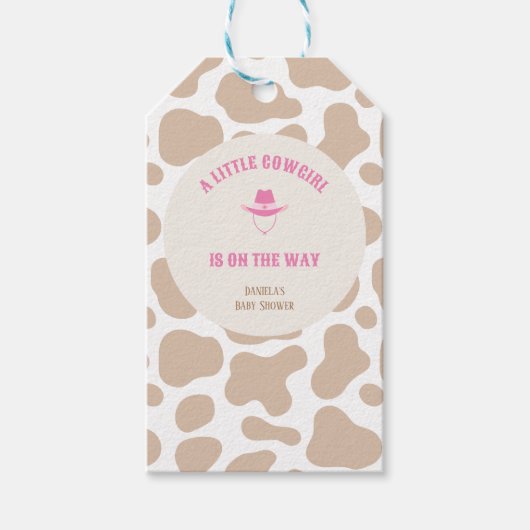 Kleine Cowgirl Rodeo Koe Print Meisje Baby shower Cadeaulabel (Voorkant)