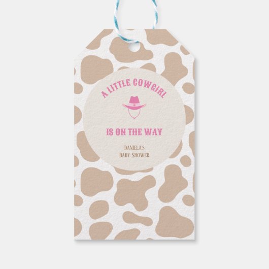 Kleine Cowgirl Rodeo Koe Print Meisje Baby shower Cadeaulabel (Achterkant)