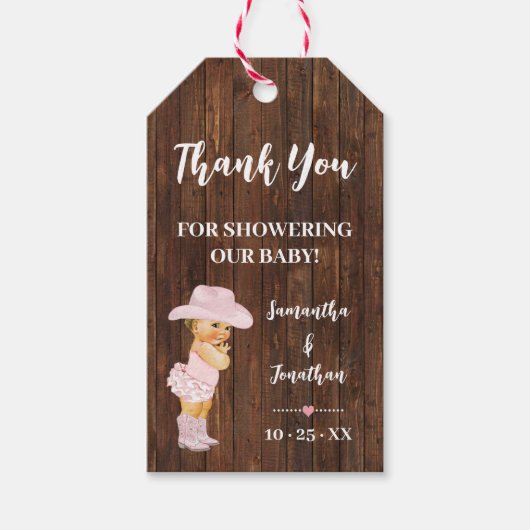 Kleine Cowgirl Roze Baby shower Faux Hout Favor Cadeaulabel (Voorkant)